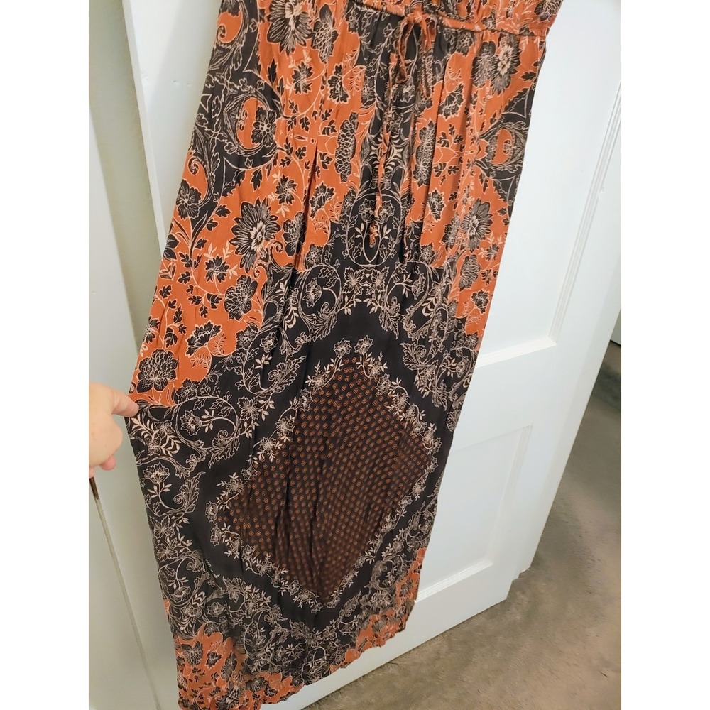 Maurices Size L Rust Orange Brown Floral Boho Maxi Dress Lace Flutter...